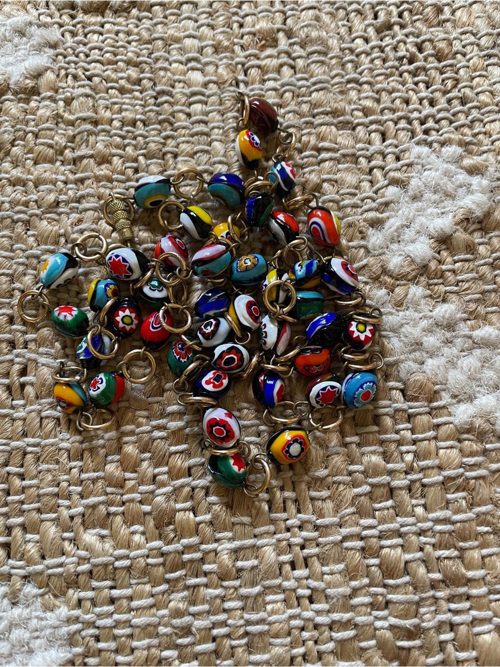 vintage colorful Murano Venetian millefiori Beaded Gold Tone Chain Necklace